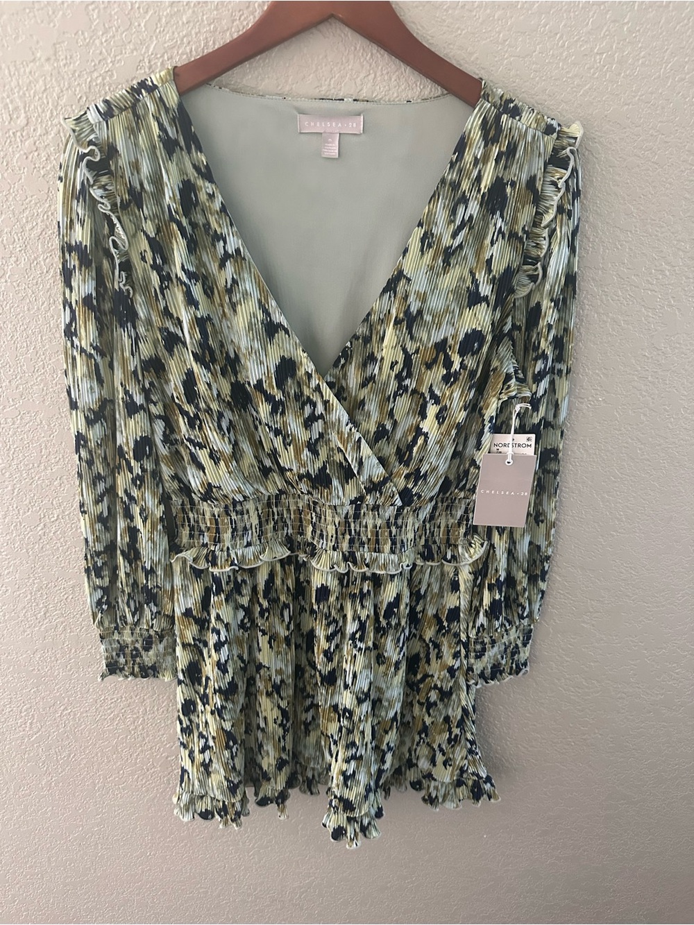 Chelsea28 Olive, Black and Cream Pleated Wrap Dress